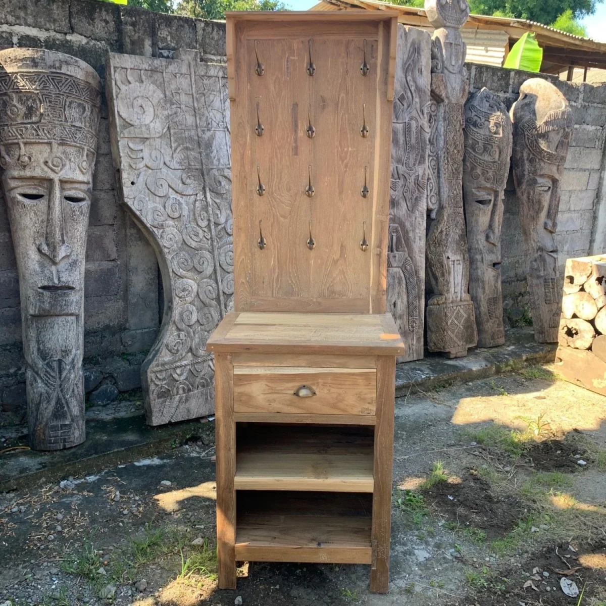 Bali Upcycled Teak Display Stand with Hooks and Storage - Brown