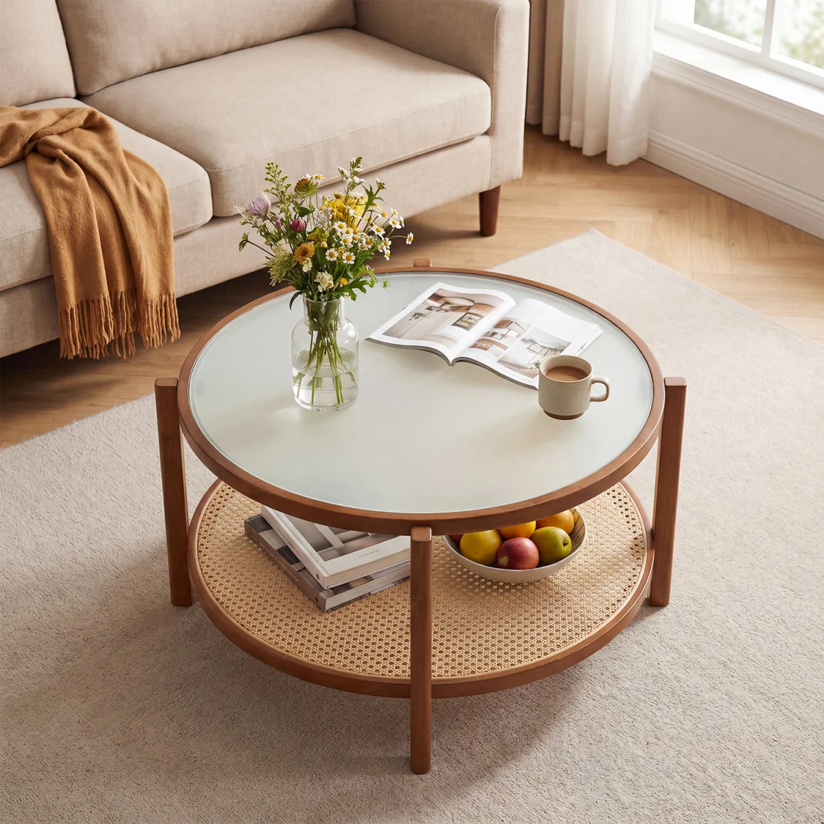 Wooden Rattan Accent Center Table – image 2