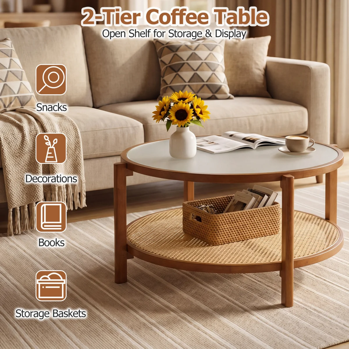 Wooden Rattan Accent Center Table – image 7