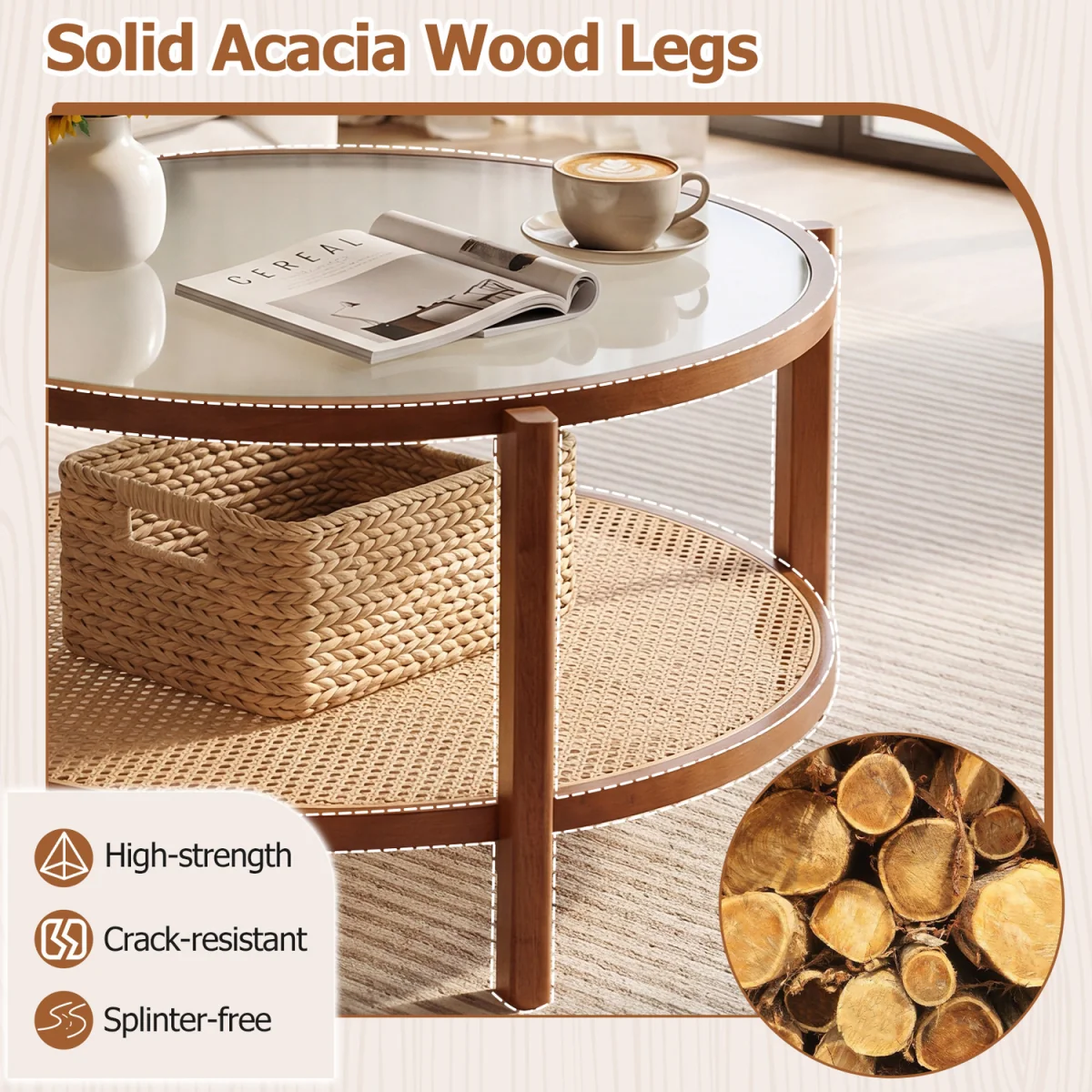 Wooden Rattan Accent Center Table – image 8