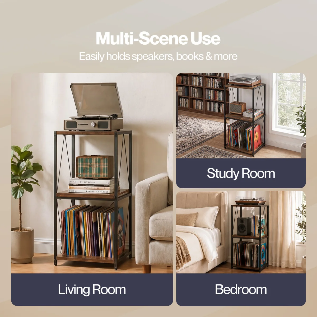 Record Player Stand,Side Table with Vinyl Storage,3-Tier,Wood,Brown - Brown – image 2