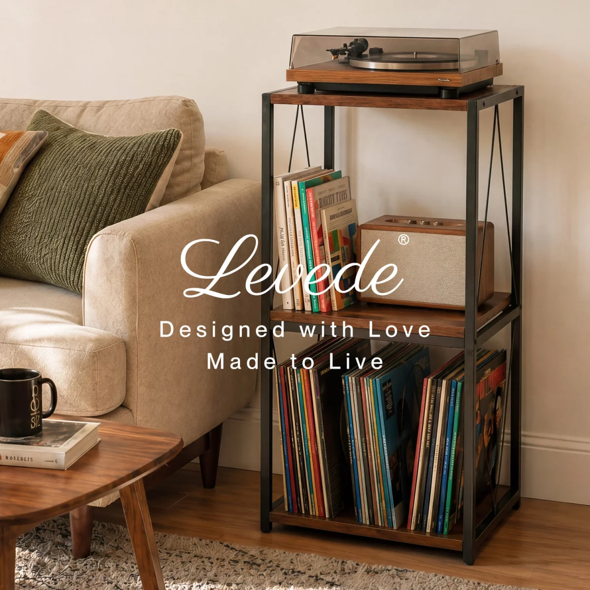 Record Player Stand,Side Table with Vinyl Storage,3-Tier,Wood,Brown - Brown – image 3