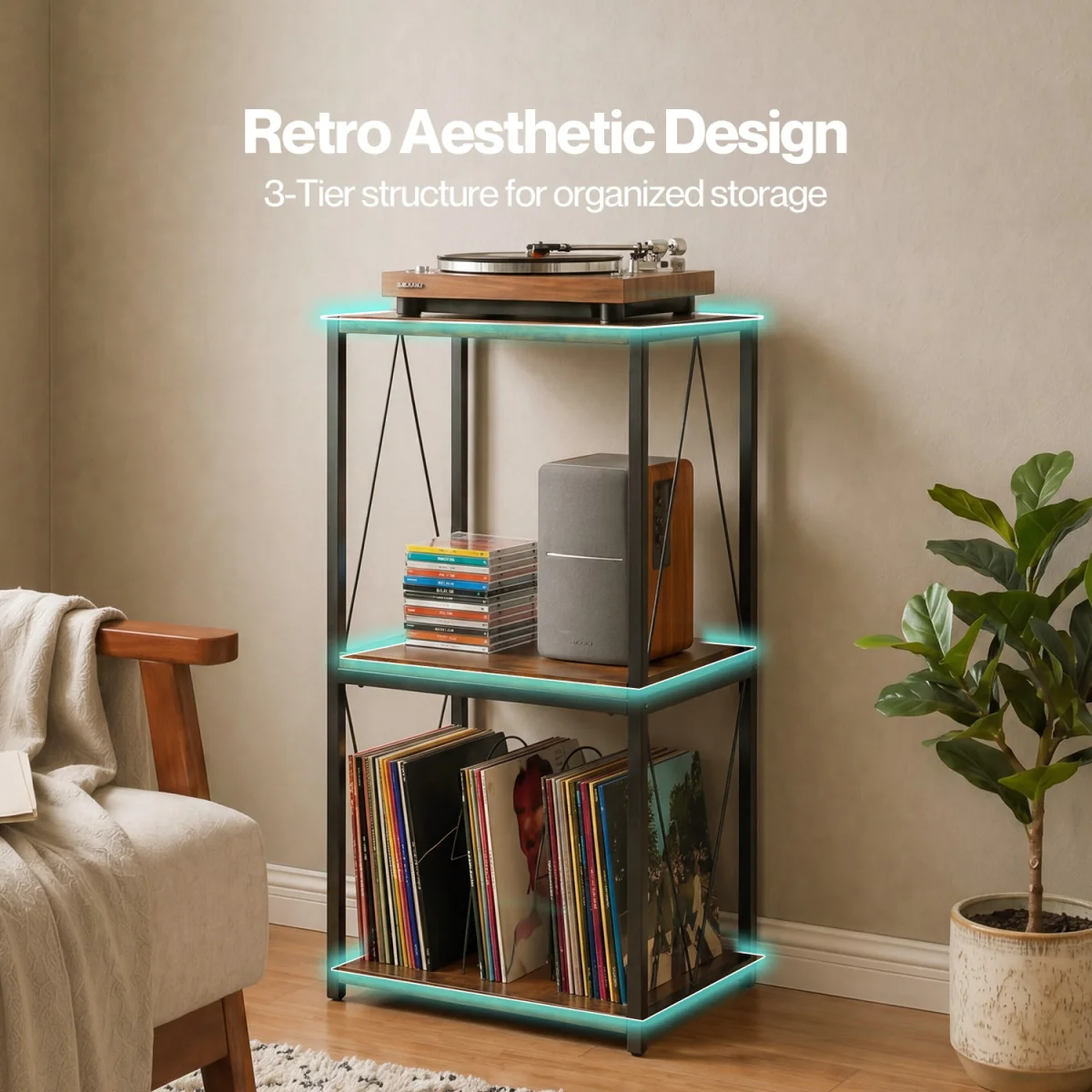 Record Player Stand,Side Table with Vinyl Storage,3-Tier,Wood,Brown - Brown – image 5
