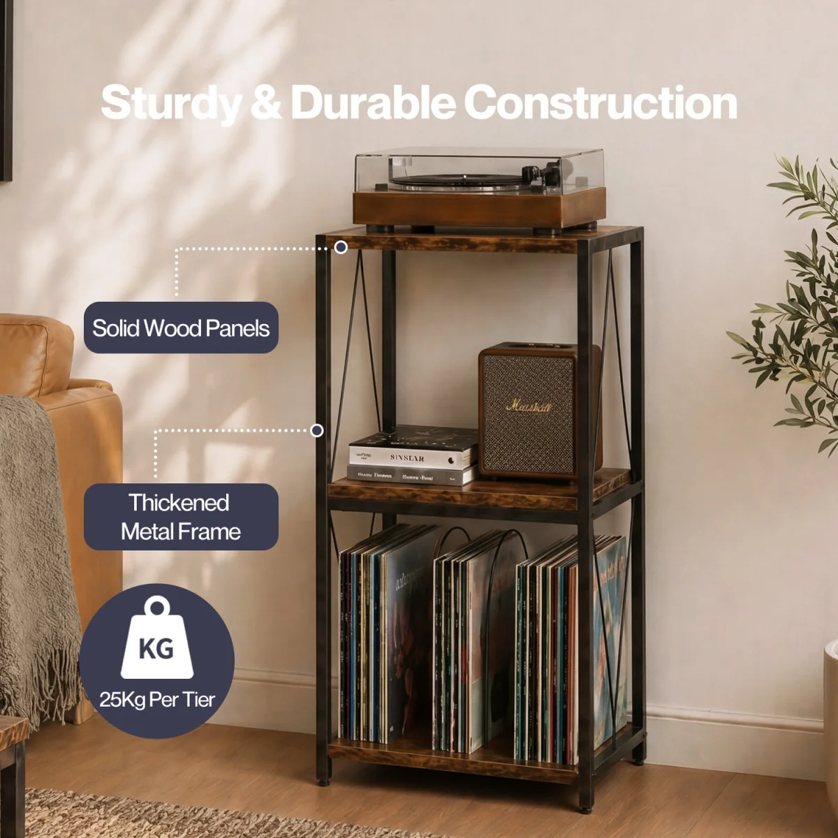 Record Player Stand,Side Table with Vinyl Storage,3-Tier,Wood,Brown - Brown – image 7