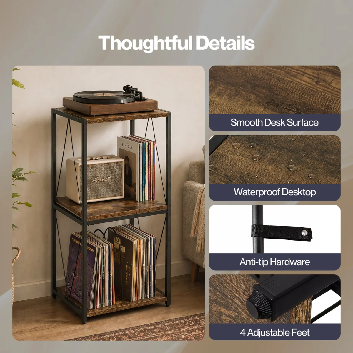 Record Player Stand,Side Table with Vinyl Storage,3-Tier,Wood,Brown - Brown – image 8