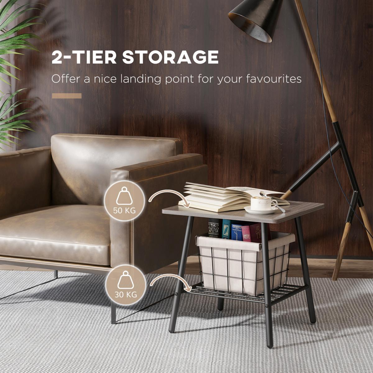 Industrial Sofa Side Table, End Table with 2-Tier Storage - Grey – image 2