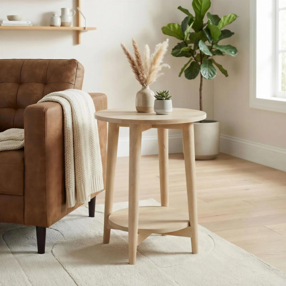 Tacoma Round White Oak Wood Side Table - Oak – image 2