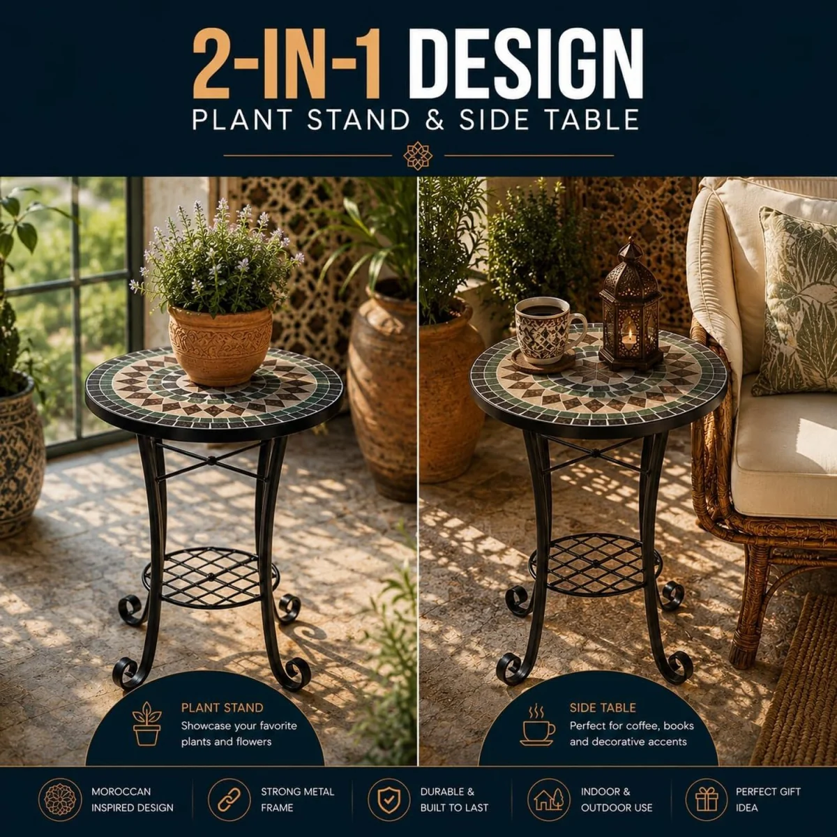 Marrakech Mosaic Plant Stand Side Table - Multi Color frame with mosaic tile seat – image 2