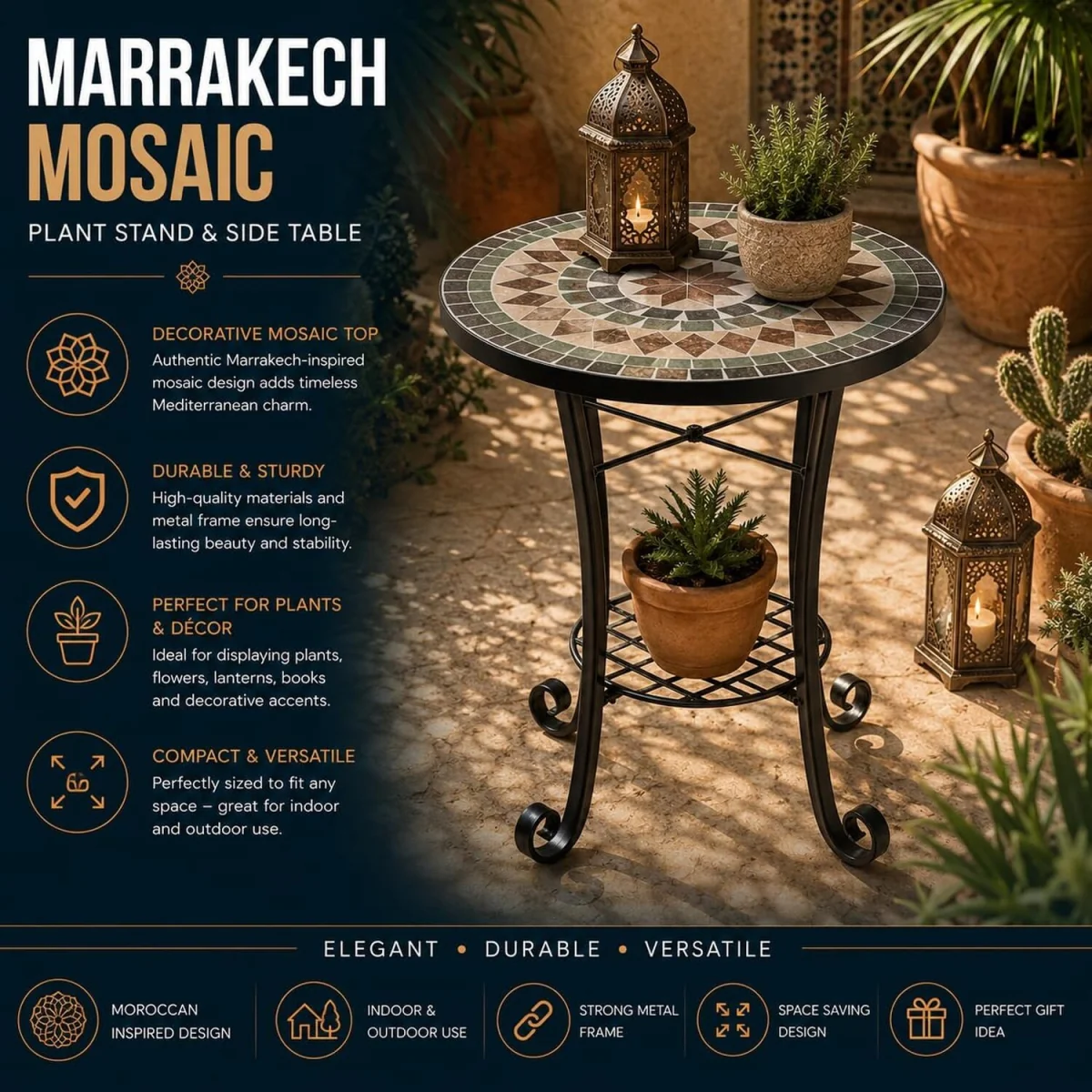 Marrakech Mosaic Plant Stand Side Table - Multi Color frame with mosaic tile seat – image 4