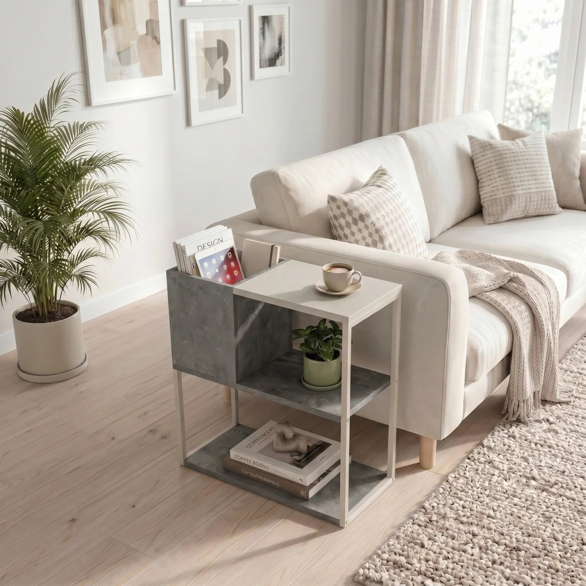 Decortie Tania Side Table with Cube Storage and Open Shelves - Retro Grey – image 2