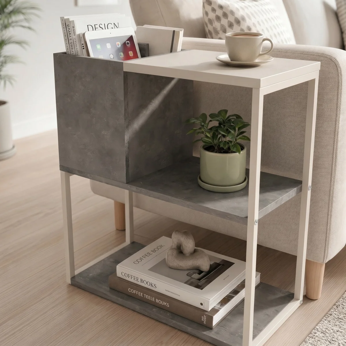 Decortie Tania Side Table with Cube Storage and Open Shelves - Retro Grey – image 6
