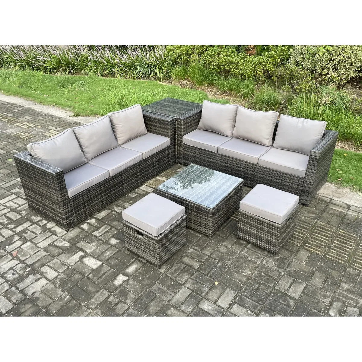 Fimous 8-Seater Rattan Patio Set with Coffee Table, Side Table - Dark Grey – image 3