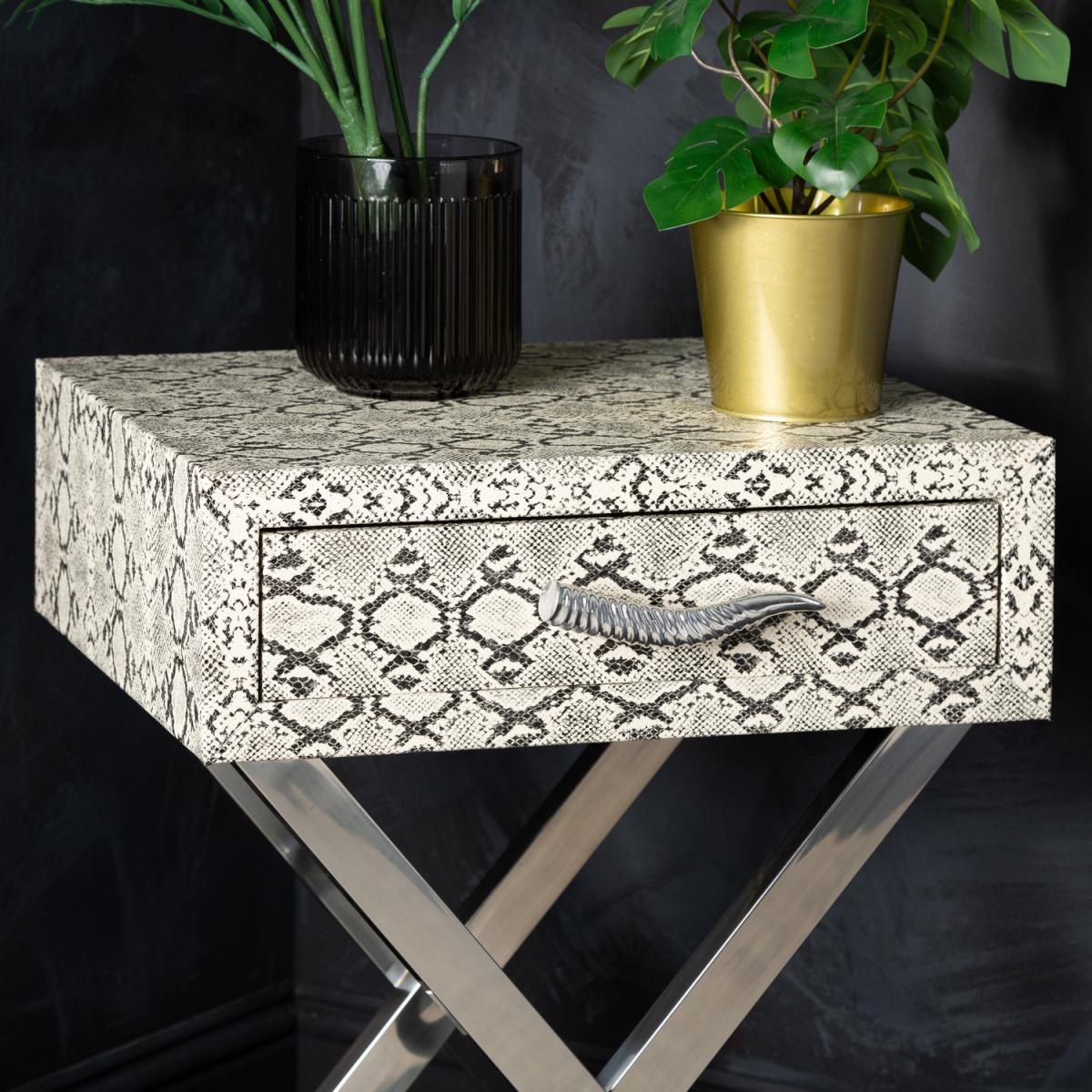 Faux Snake Leather 1 Drawer Side Table, End Table - Black/white – image 4