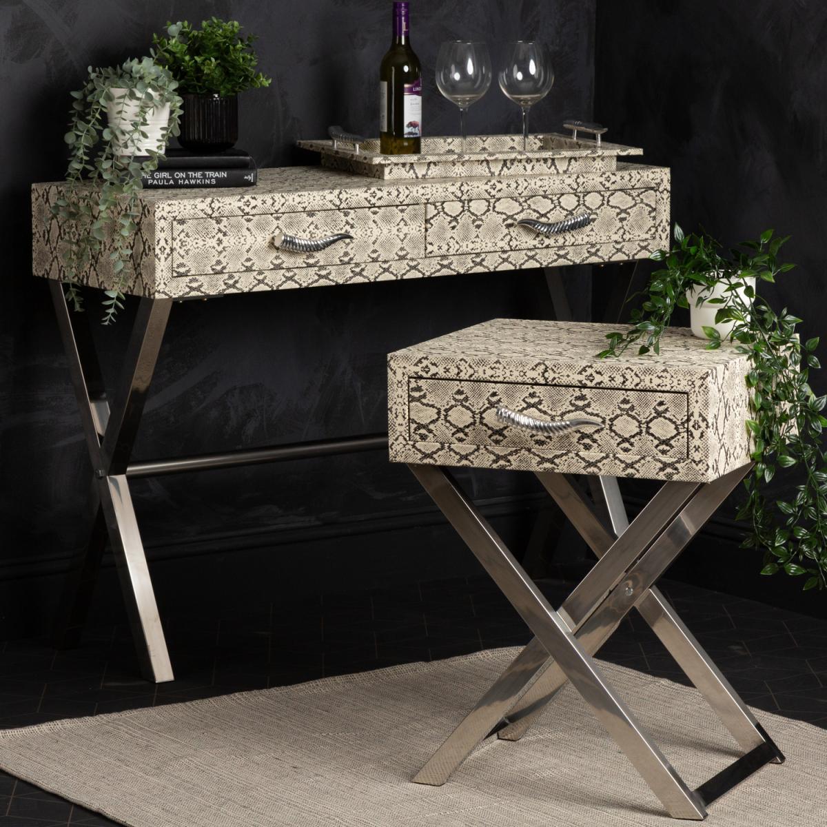 Faux Snake Leather 1 Drawer Side Table, End Table - Black/white – image 5
