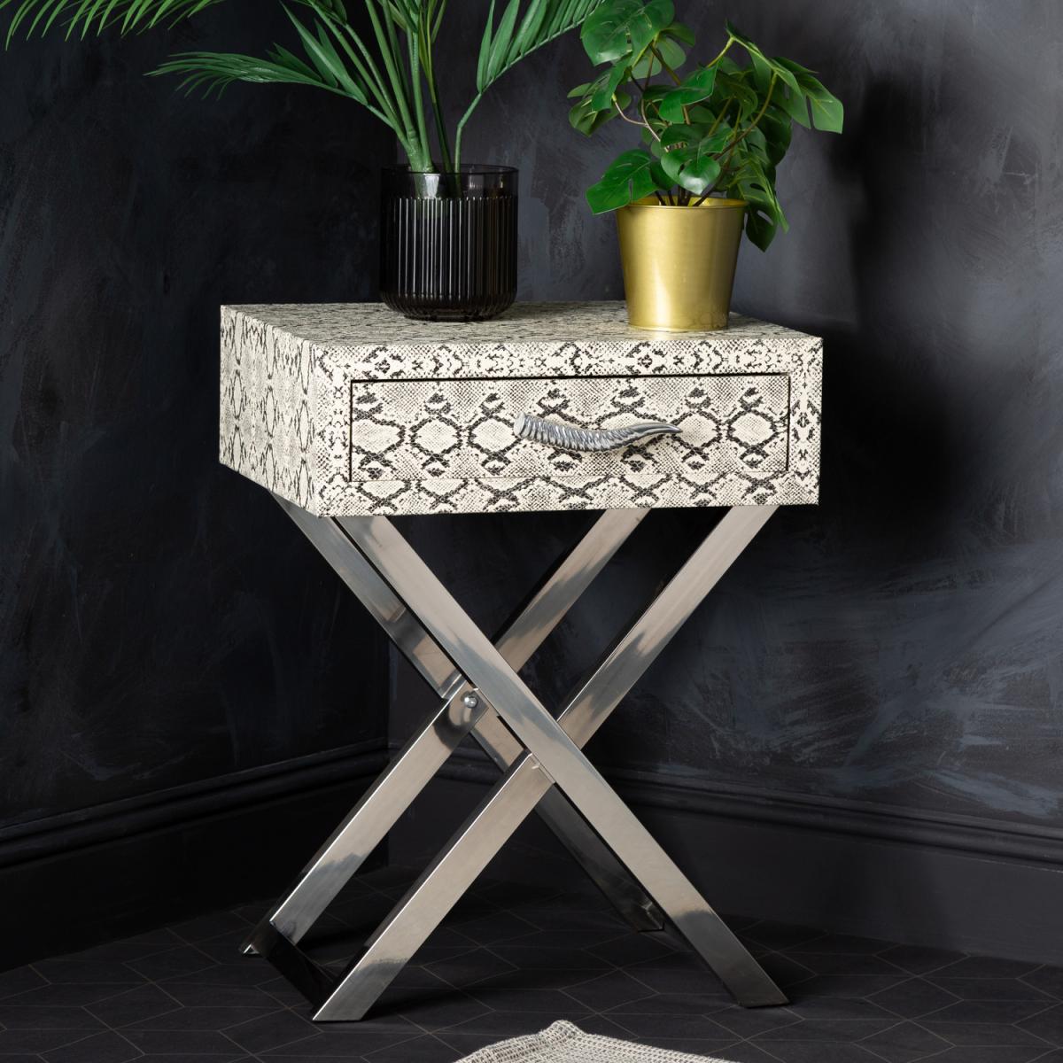 Faux Snake Leather 1 Drawer Side Table, End Table - Black/white – image 1