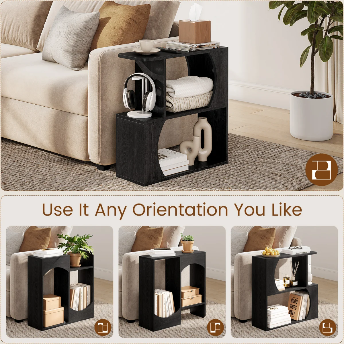 Yaheetech Narrow Sofa Side Table with Arched Cut-Out & Shelves - Black – image 2