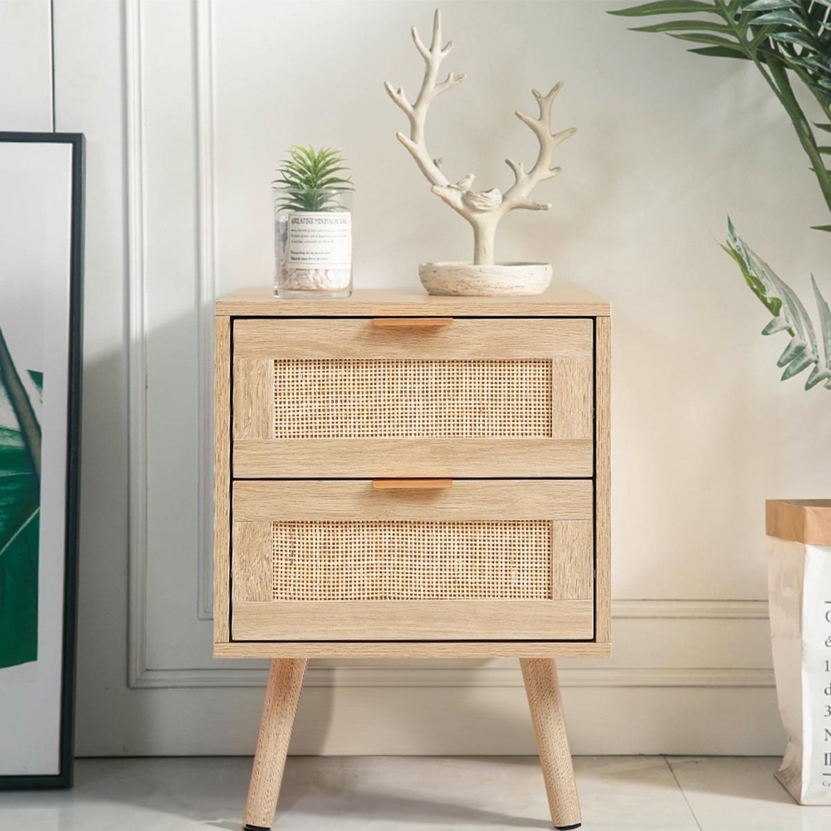 Set of 2 Wood Rattan Side Table with 2 Drawers - Brown