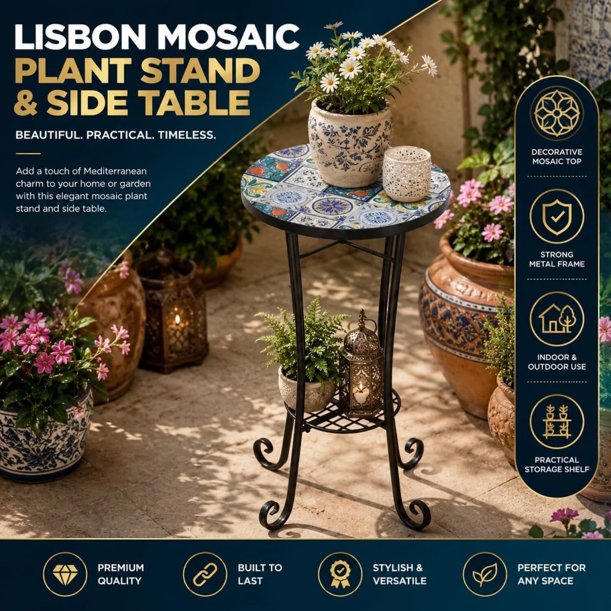 Mosaic Plant Stand Side Table - Multi Color frame with mosaic tile seat – image 3