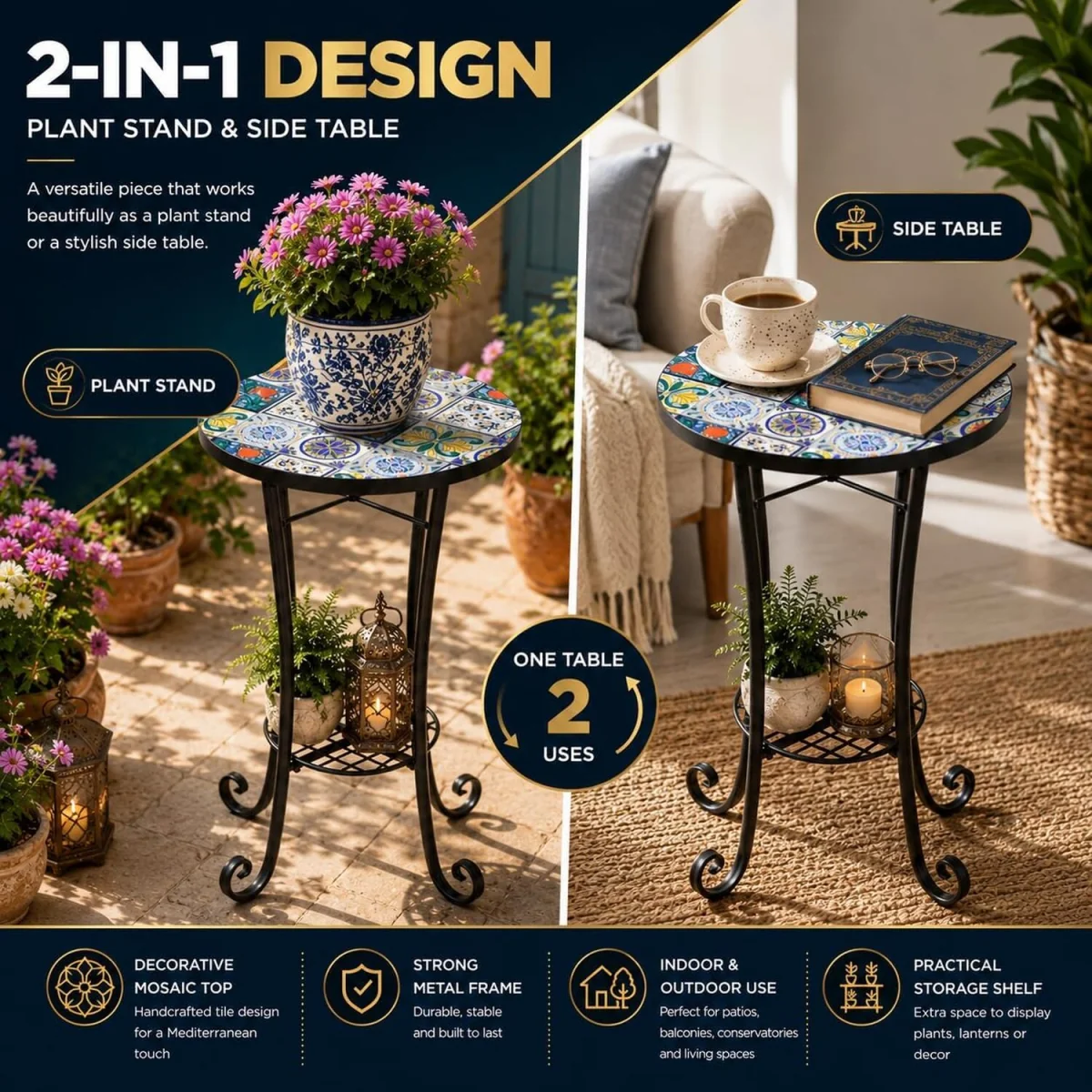 Mosaic Plant Stand Side Table - Multi Color frame with mosaic tile seat – image 4