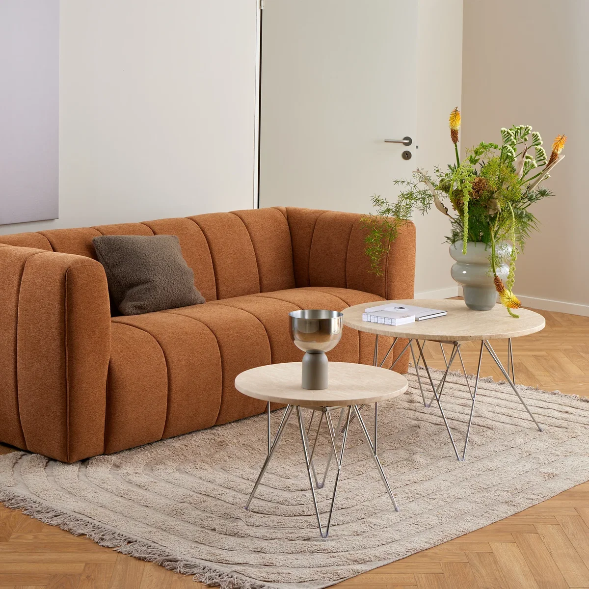 Prunus Round Side Table in Matt Beige and Chrome Steel Base 55x41.4cm - Beige & Chrome – image 1