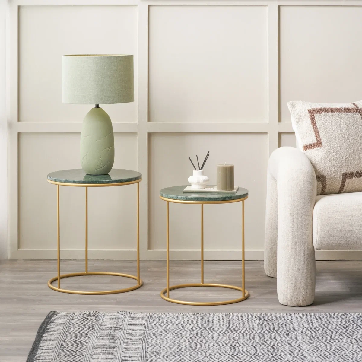 Milly Set of 2 Marble and Gold Metal Side Tables - Green Marble