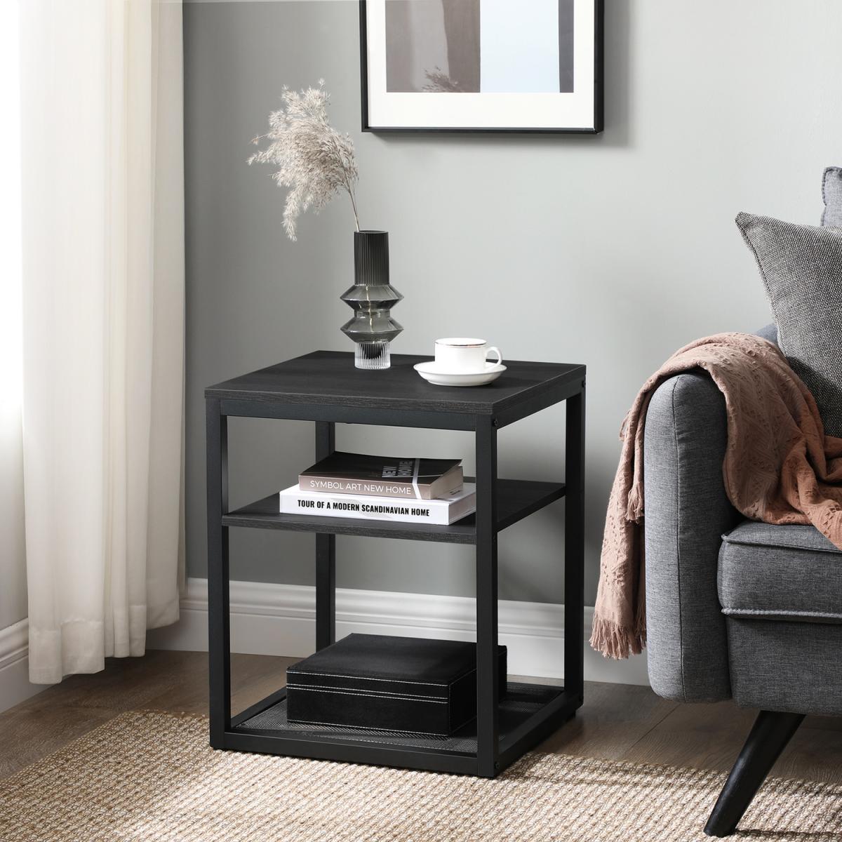 Side Table with Shelf, Industrial Design, Wood Effect Black  - Black – image 3