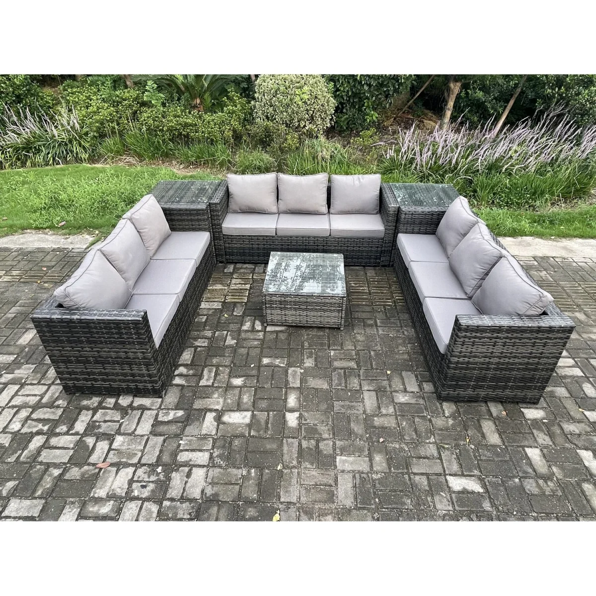 Fimous 9-Seater Rattan Lounge Set with 2 Side Tables & Coffee Table - Dark Grey – image 3