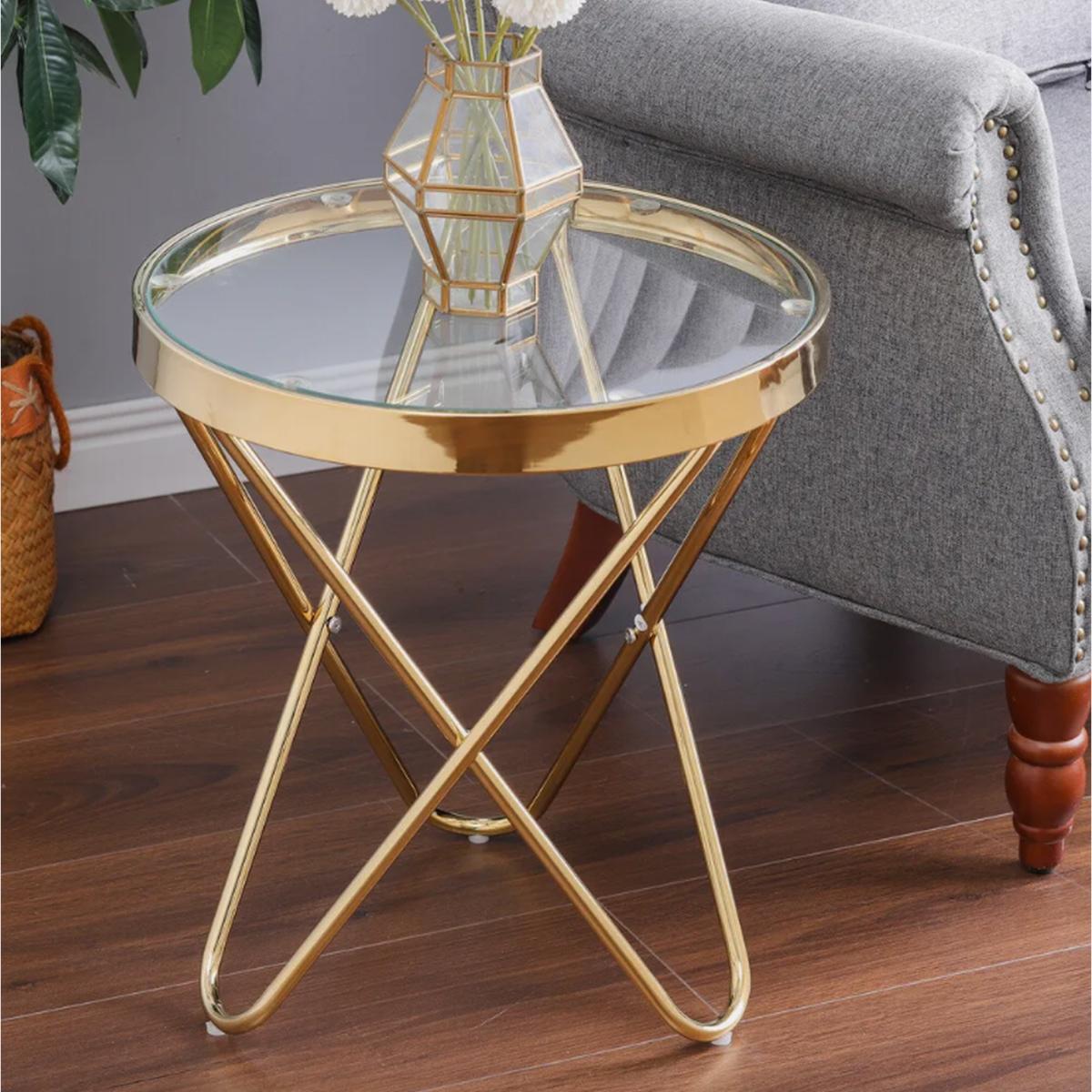 Side Table Round Glass Top Coffee Tea - Rose Gold