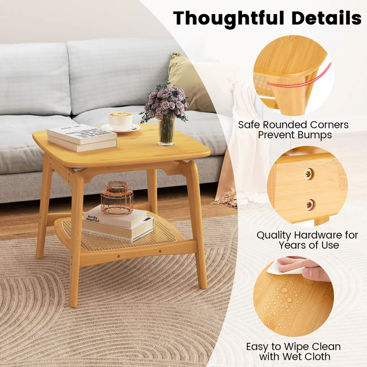 Natural Bamboo Rattan Sofa Side Table – image 4