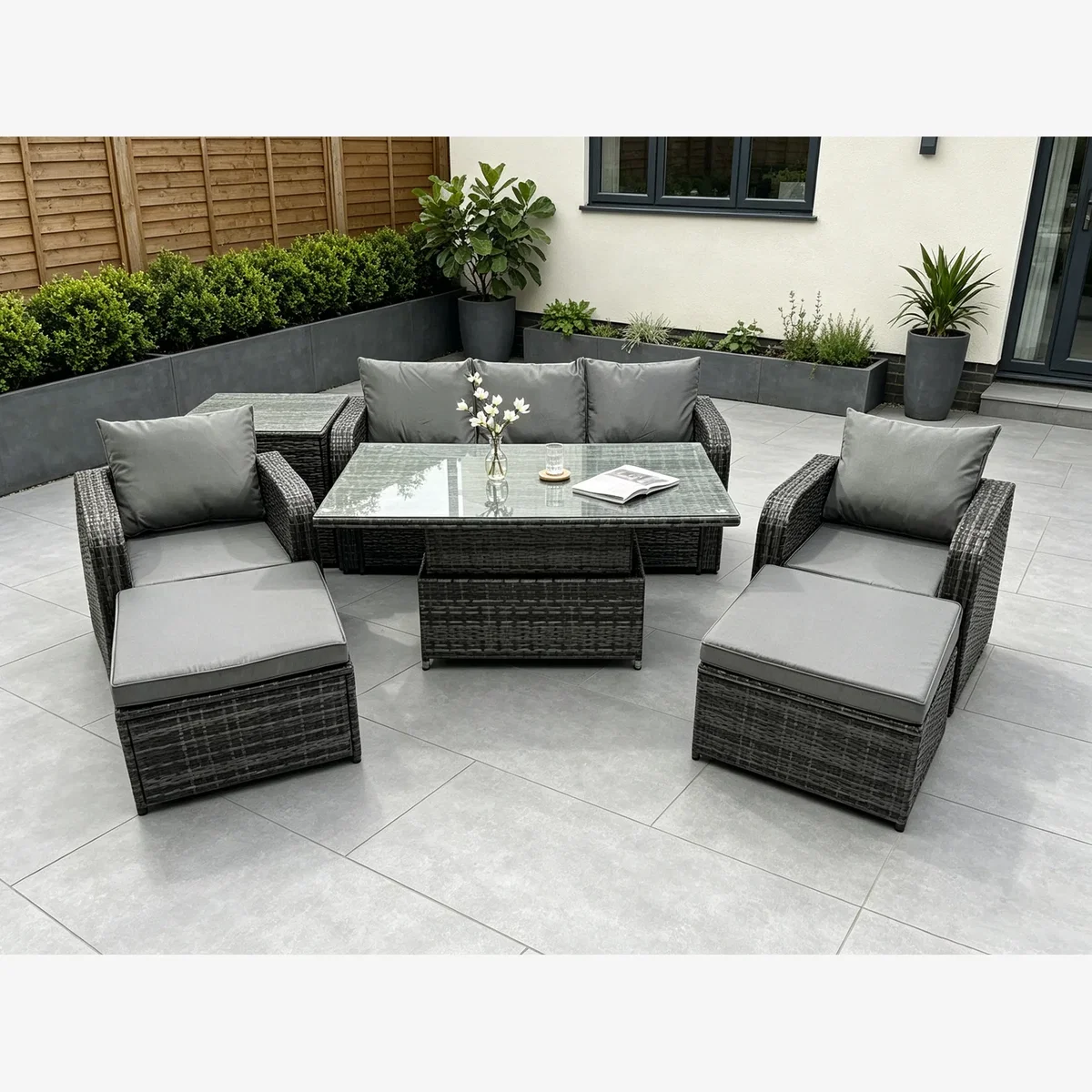 Fimous Rattan Sofa Set Lift Table 2 Footstools Side Table - Dark Grey
