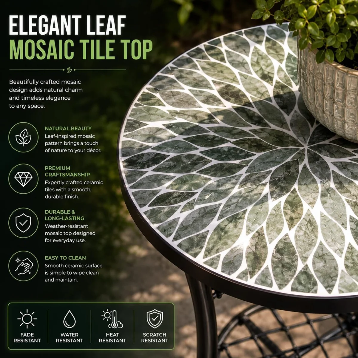 Leaf Mosaic Plant Stand Side Table - Multi Color frame with mosaic tile seat – image 2