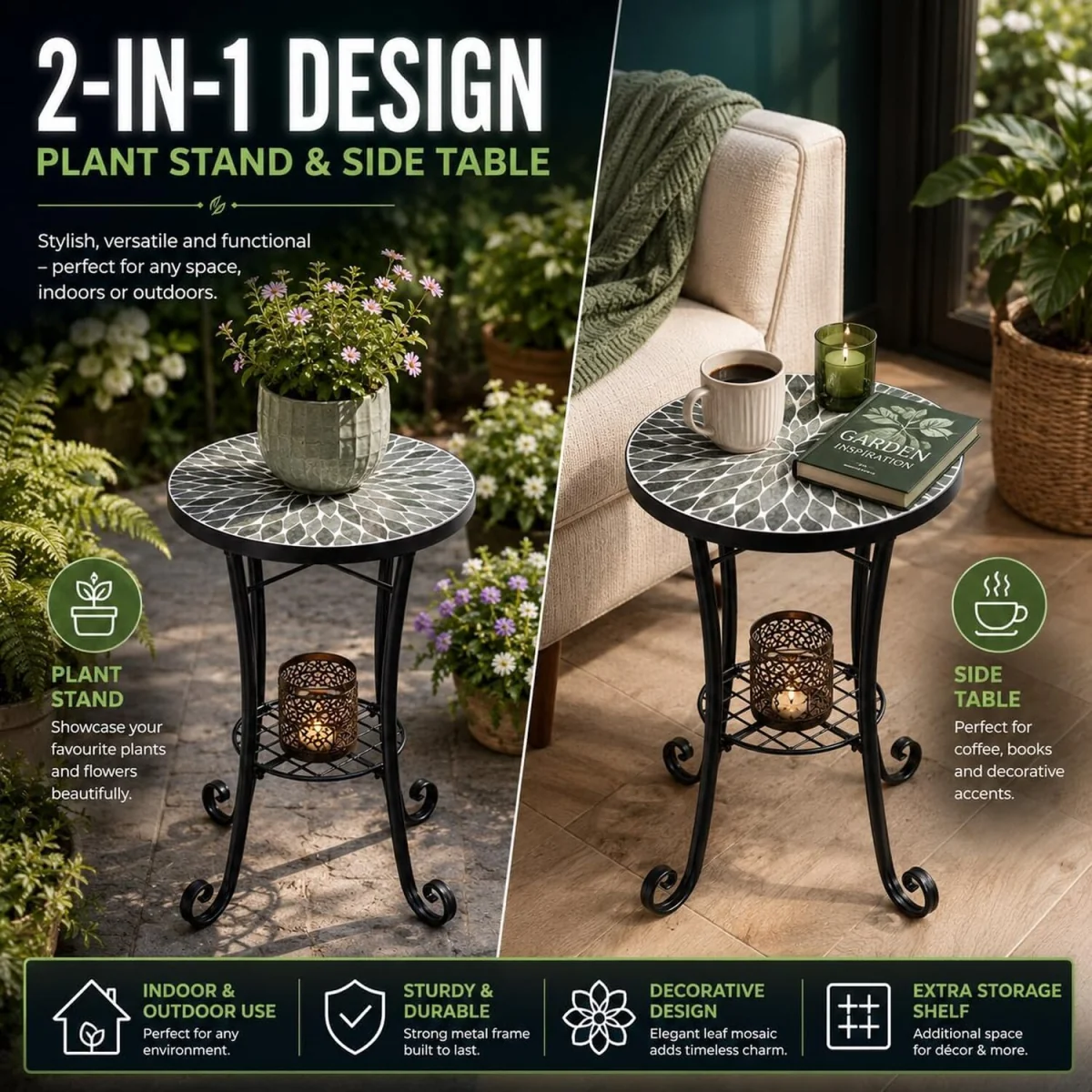 Leaf Mosaic Plant Stand Side Table - Multi Color frame with mosaic tile seat – image 3