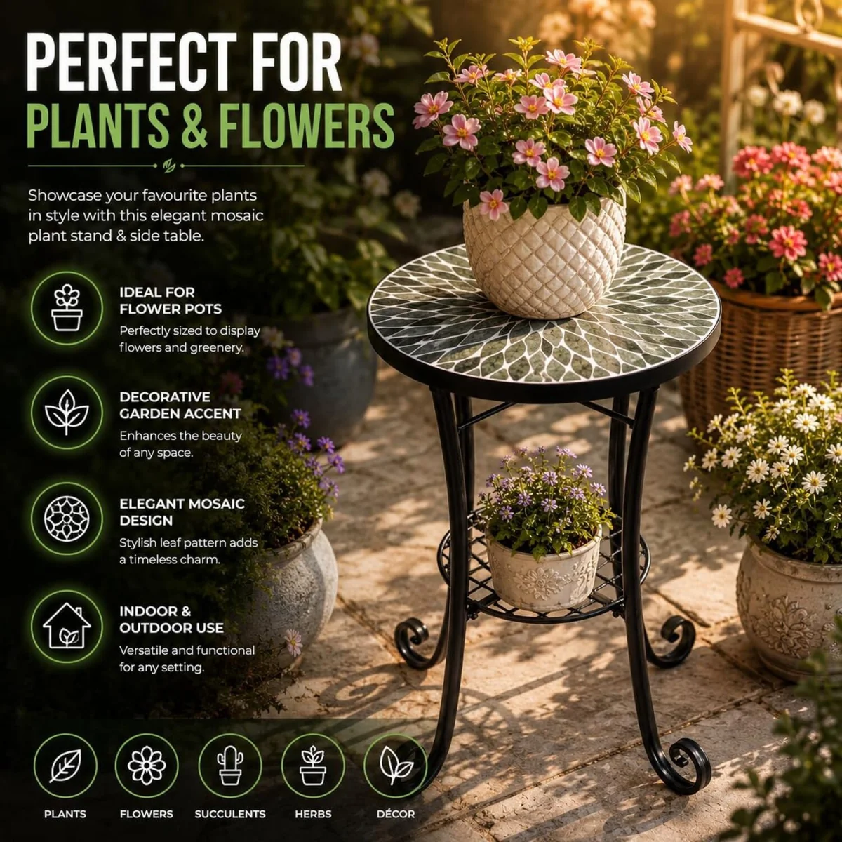Leaf Mosaic Plant Stand Side Table - Multi Color frame with mosaic tile seat – image 5