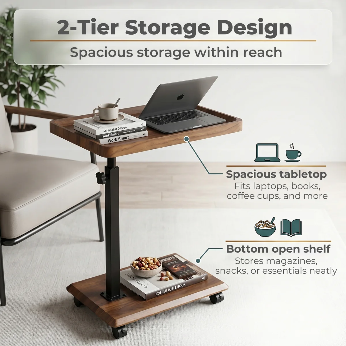 Side Table Height Adjustable 49.5-83.5cm 360Rotating,MDF,Walnut - Brown – image 5