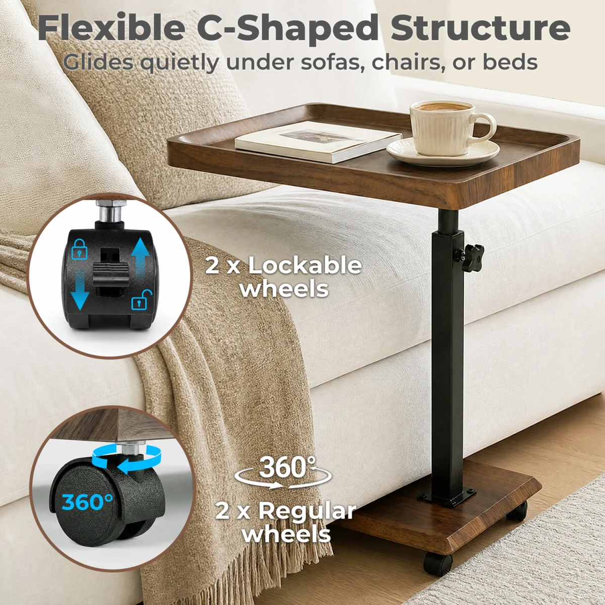 Side Table Height Adjustable 49.5-83.5cm 360Rotating,MDF,Walnut - Brown – image 6