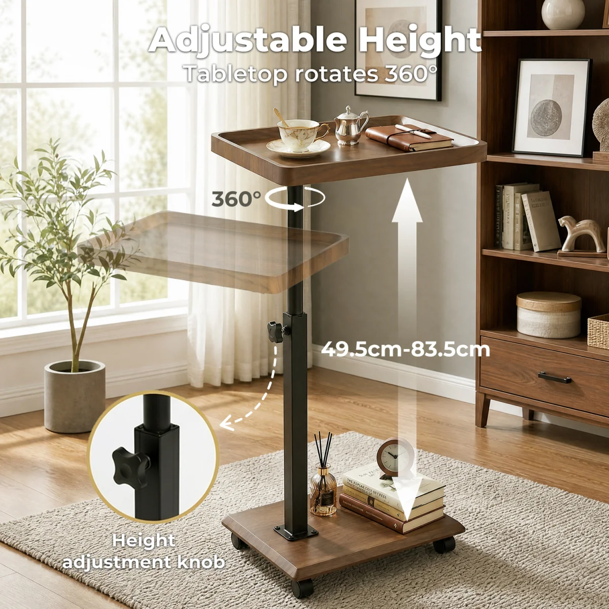 Side Table Height Adjustable 49.5-83.5cm 360Rotating,MDF,Walnut - Brown – image 7