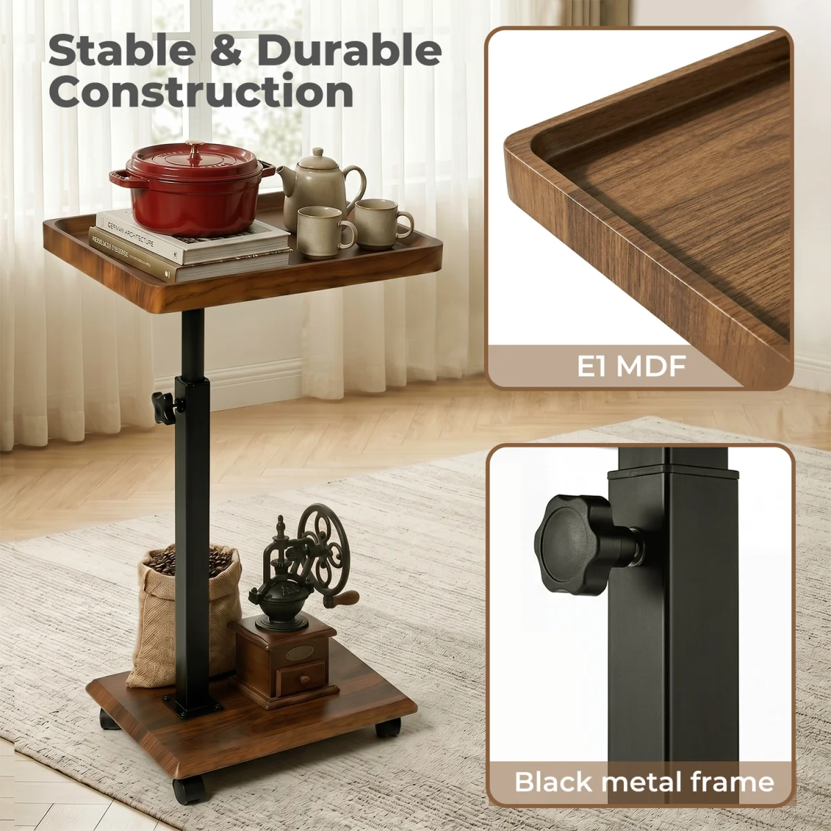 Side Table Height Adjustable 49.5-83.5cm 360Rotating,MDF,Walnut - Brown – image 8