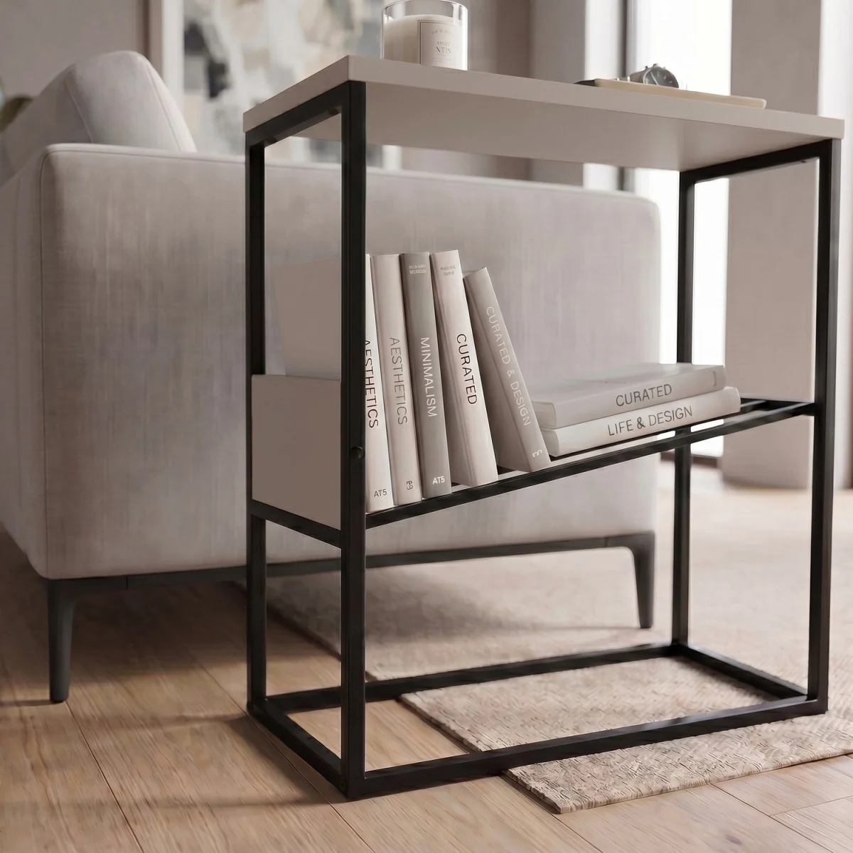 Decortie Tenol 2-Tier End Table with Angled Book Rack - Light Mocha – image 2