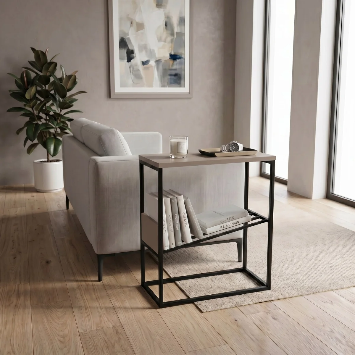 Decortie Tenol 2-Tier End Table with Angled Book Rack - Light Mocha – image 5