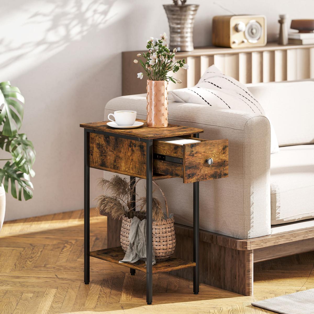 HOMCOM Industrial Slim End Table - Rustic Brown