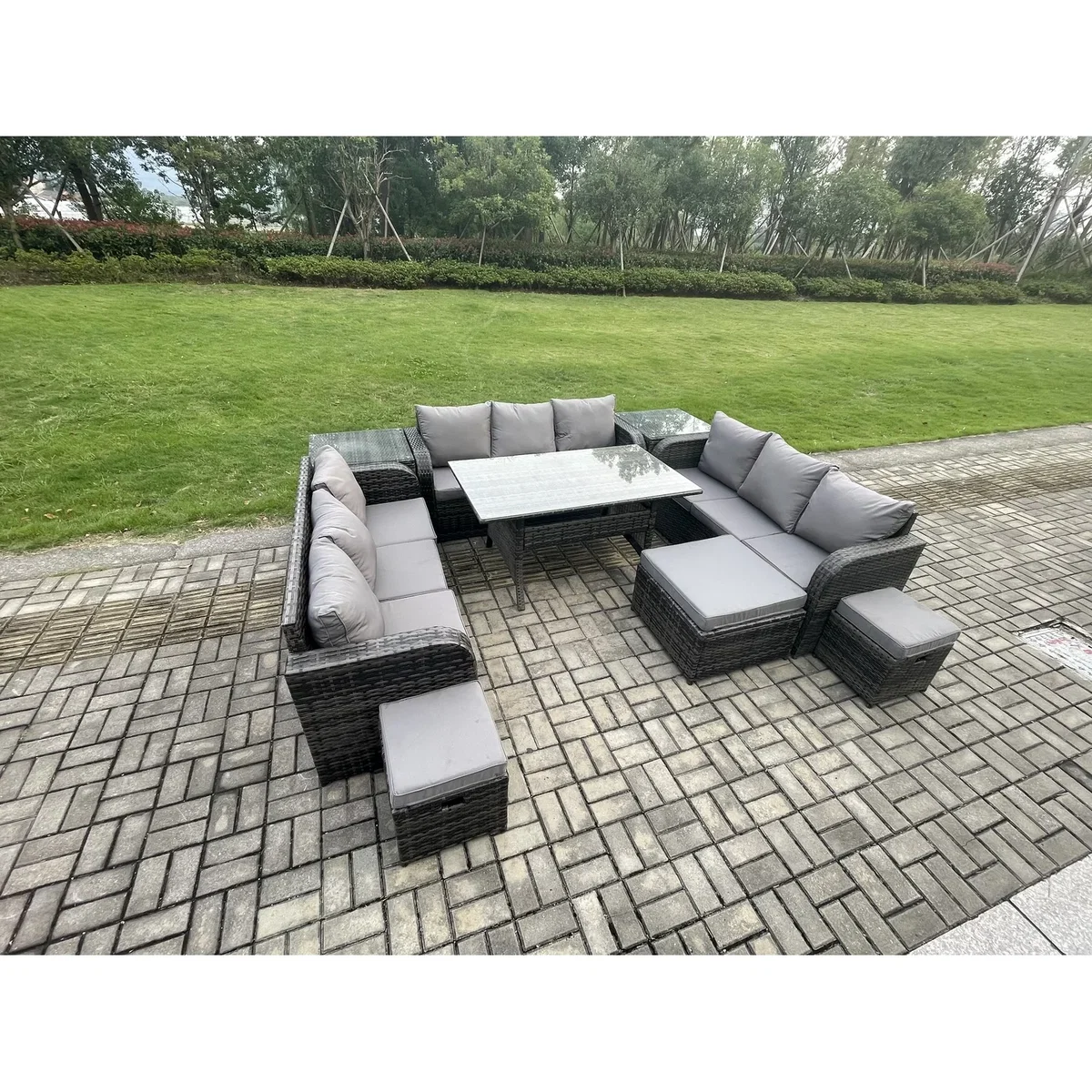 Fimous 12-Seater Rattan Patio Lounge Set with 2 Side Tables & Stools - Dark Grey – image 3