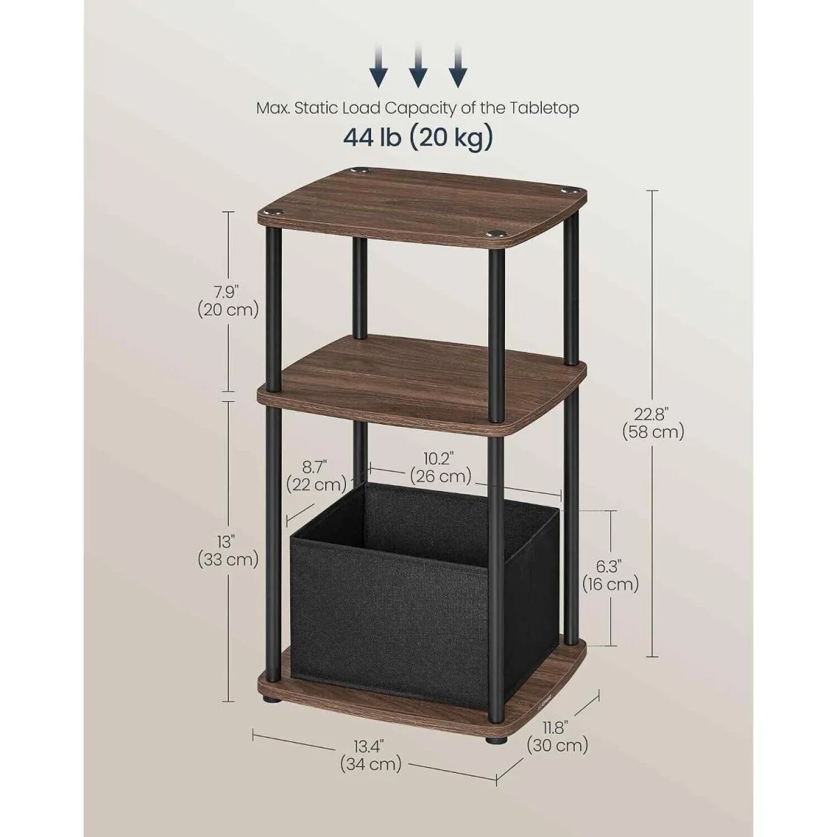 3 Tier Side Table with Fabric Basket, Walnut - Ebony Walnut – image 3