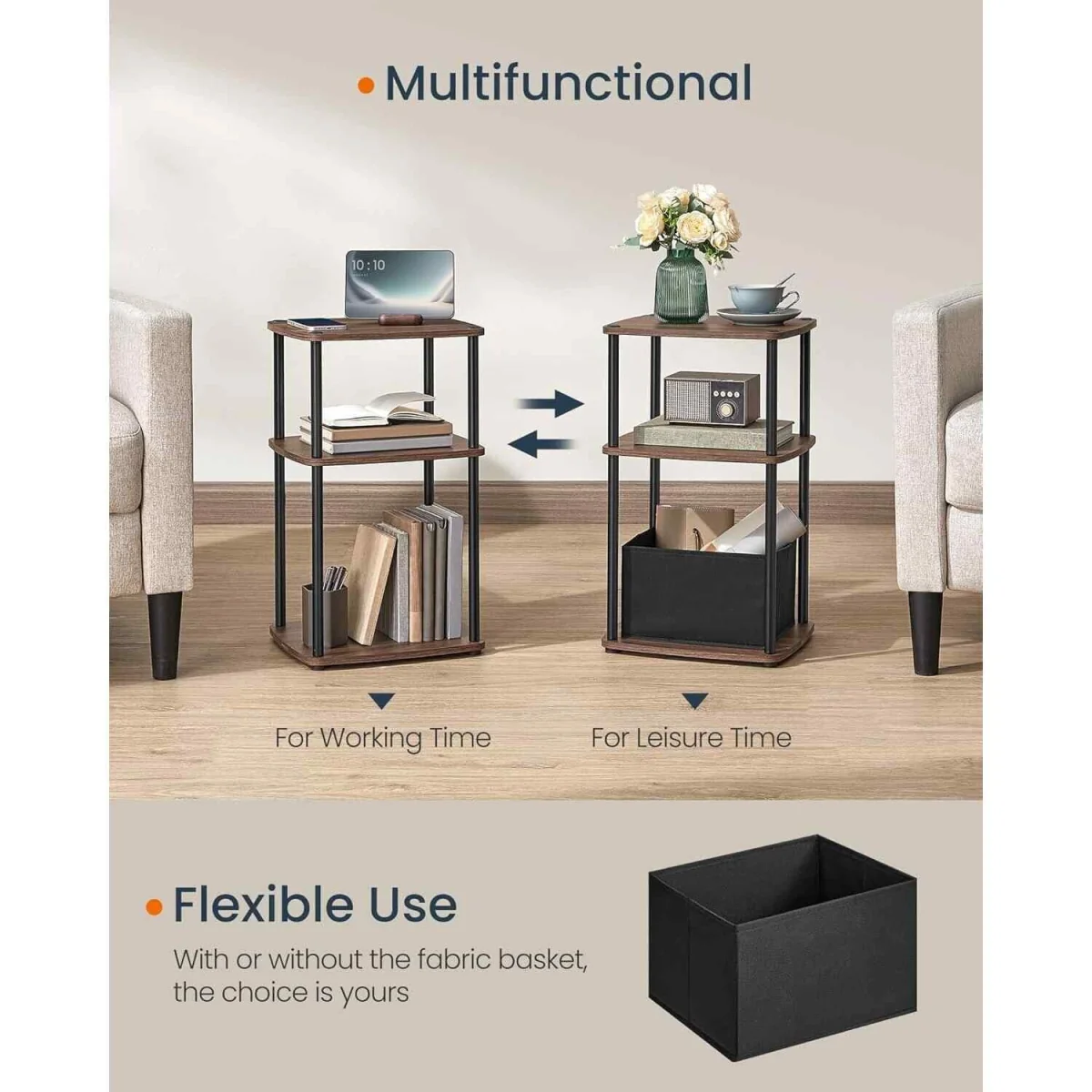 3 Tier Side Table with Fabric Basket, Walnut - Ebony Walnut – image 4