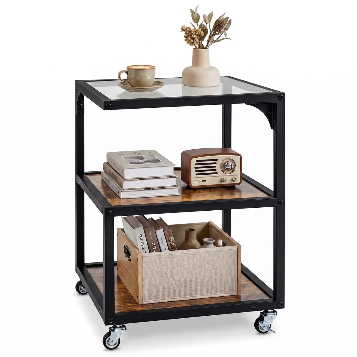 Costway 3¿Tier Mobile Side Table with Glass Top - Brown – image 2