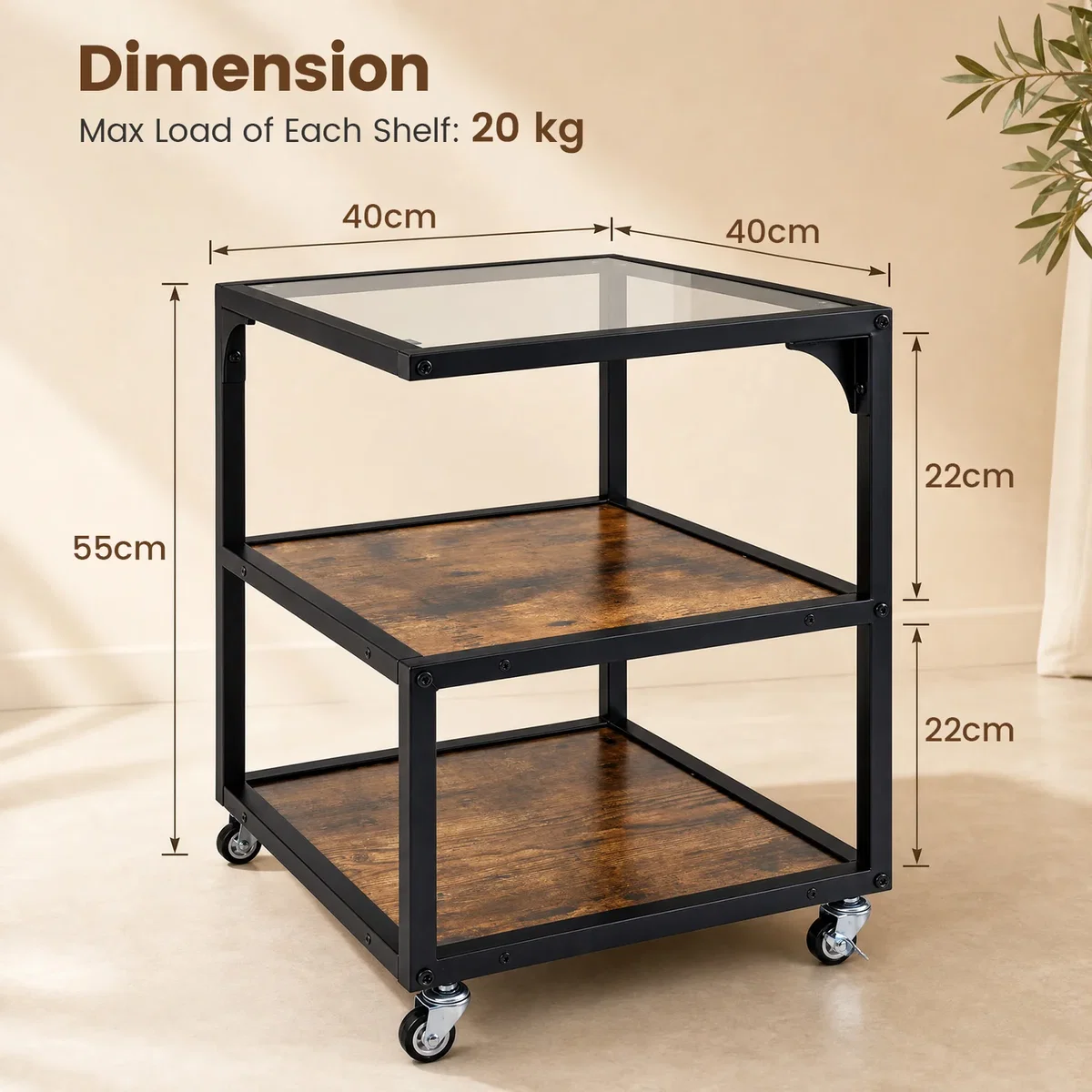Costway 3¿Tier Mobile Side Table with Glass Top - Brown – image 3