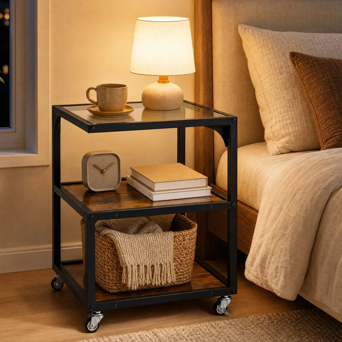 Costway 3¿Tier Mobile Side Table with Glass Top - Brown – image 4