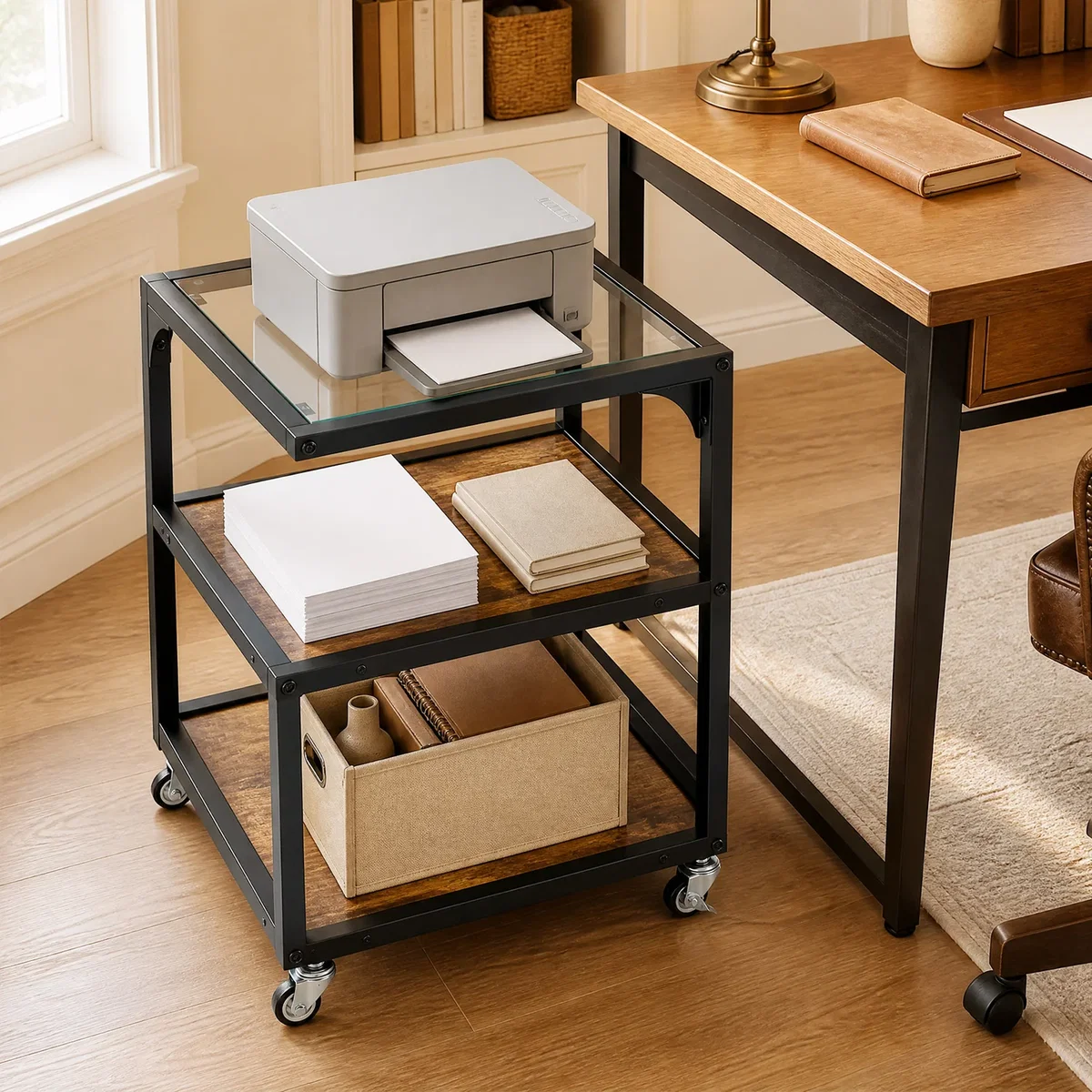Costway 3¿Tier Mobile Side Table with Glass Top - Brown – image 5