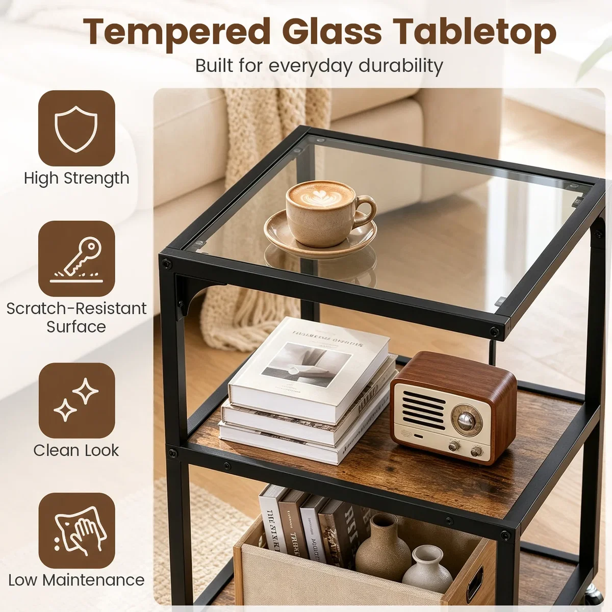 Costway 3¿Tier Mobile Side Table with Glass Top - Brown – image 6
