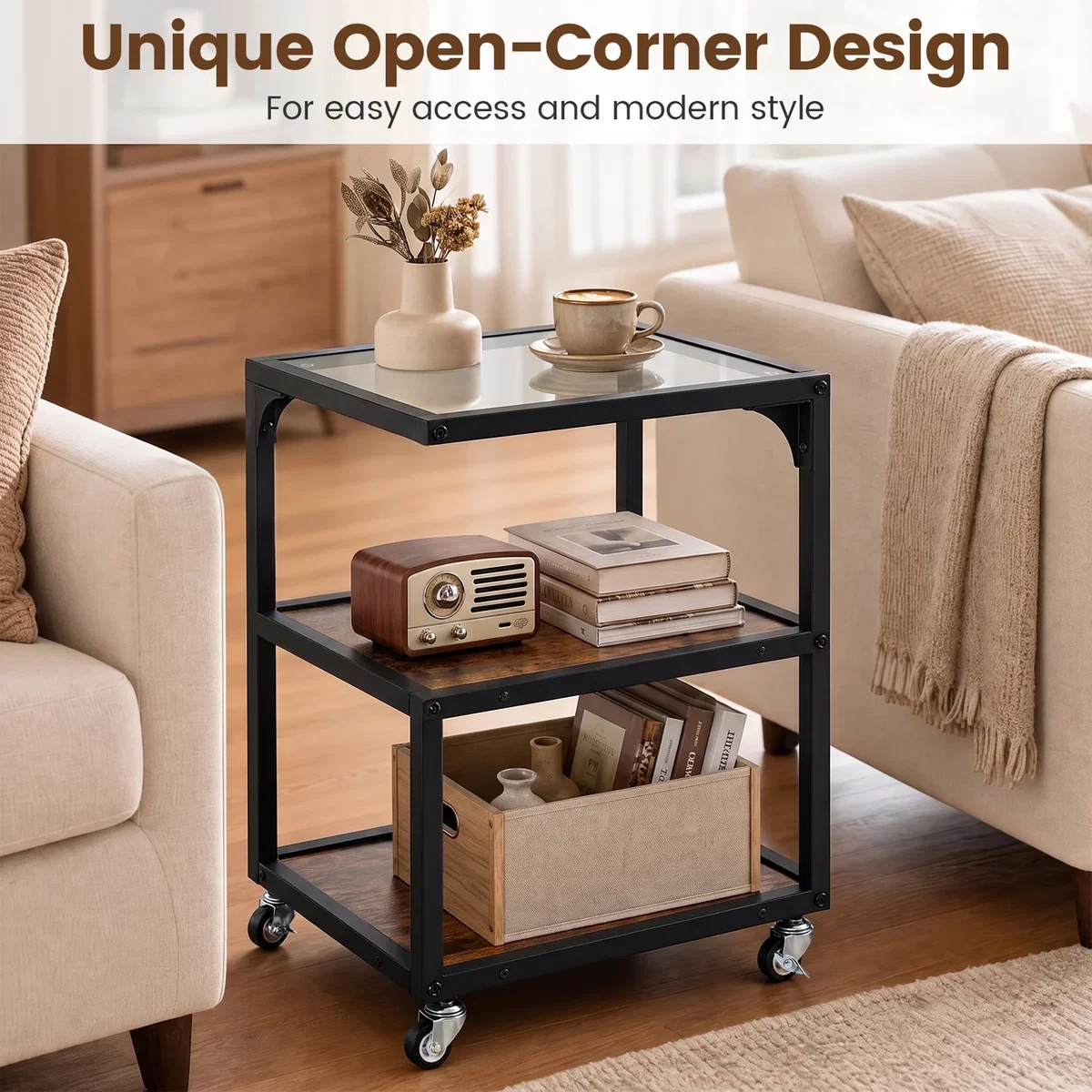 Costway 3¿Tier Mobile Side Table with Glass Top - Brown – image 8