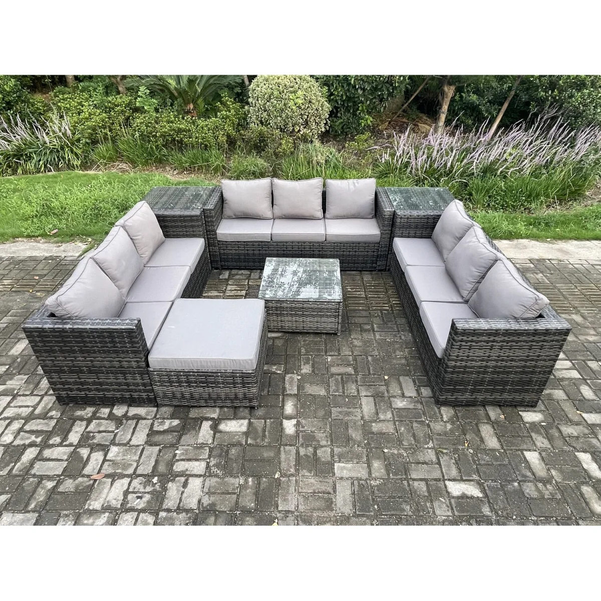 Fimous 10-Seater Rattan Lounge Set with 2 Side Tables & Coffee Table - Dark Grey – image 3
